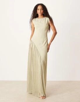 Six Stories cap sleeve pleated maxi dress in stone