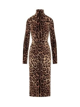 Dolce & Gabbana | Dolce & Gabbana Leopard-Printed High-Neck Mid-Length Dress