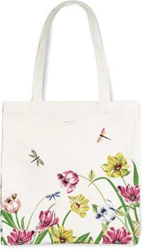 Kate Spade kate spade new york Canvas Tote Bag for Women, Cute Tote Bag for Work or Teacher, Canvas Beach Bag, Book Tote with Pocket, Dragonflies and Tulips