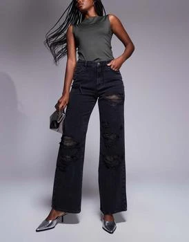River Island embellished super distressed straight leg jean in black