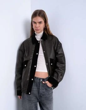 Topshop Topshop faux leather patch pocket jacket with faux suede contrast in brown