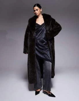 Aria Cove oversized collared maxi faux fur jacket in chocolate