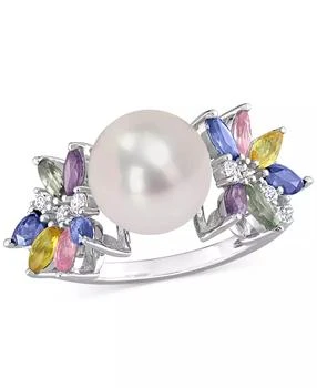 Macy's | Cultured Freshwater Pearl (9mm), Multi-Sapphire (1-5/8 ct. t.w.) & Diamond (1/8 ct. t.w.) Ring in 14k White Gold