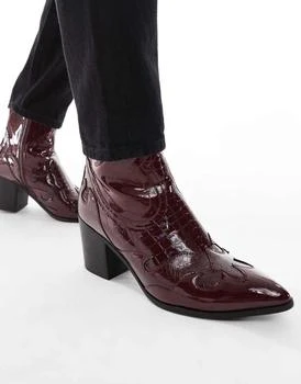 ASOS DESIGN heeled chelsea boots in burgundy patent with western detail