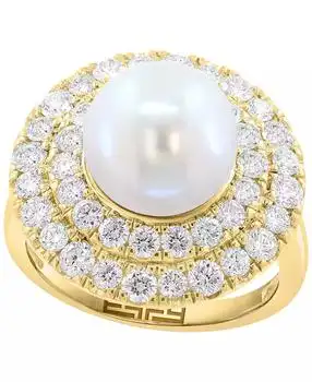 Effy | Lab Grown Diamond (1-3/8 ct. t.w.) & Freshwater Pearl (10mm) Ring in 14k Gold Over Sterling Silver