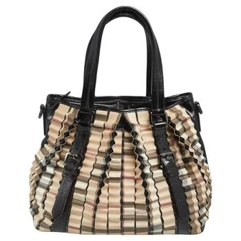 Burberry | Burberry Black/Beige House Check PVC and Patent Leather Lowry Ruffled Tote