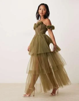 Lace & Beads Petite rosette corset maxi dress in deep olive