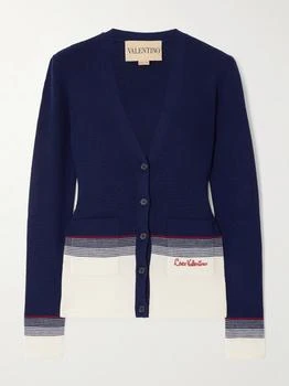 Valentino | Striped Embroidered Wool Cardigan - Navy