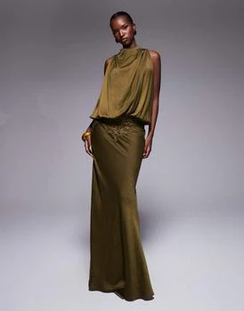 ASOS DESIGN satin blouson bodice maxi dress with lace applique in khaki