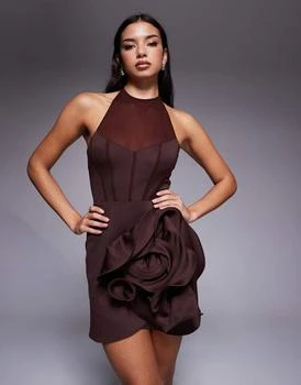 ASOS DESIGN halterneck mini dress with oversize corsage skirt detail in chocolate