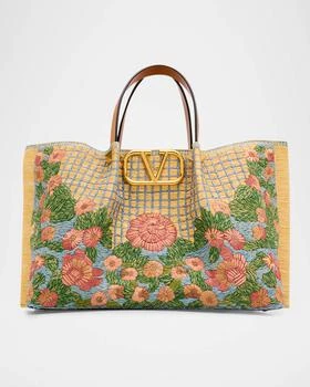 Valentino | Floral-Embroidered Raffia Tote Bag