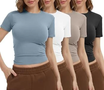 Dalavch Dalavch 4 Pack Women's Workout Shirts Compression Short Sleeve Crew Neck Running Yoga Gym Athletic Fitted Crop T-Shirts Top