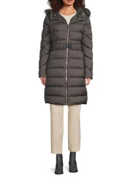 Faux Fur-Trim Belted Puffer Coat