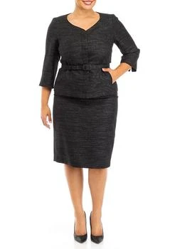 Suit Womens Plus Size Belted Soft V Neck Jacket With Hidden Placet And Column Skirt With Slit Set