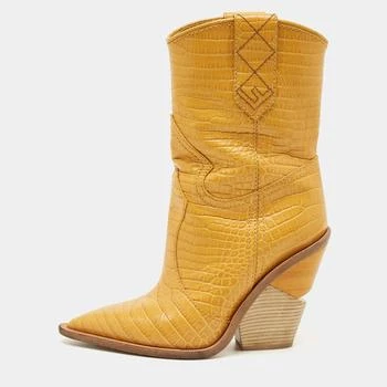 Fendi | Fendi Yellow Croc Embossed Leather Cowboy Mid Calf Boots Size 35