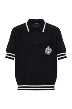 Balmain | Balmain Striped Trim Emblem-Logo Knit Polo Shirt