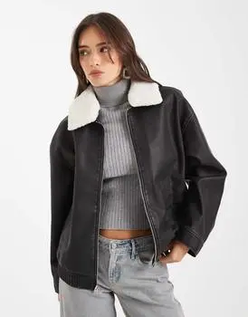 Hollister faux leather bomber jacket with removable shearling collar in washed black