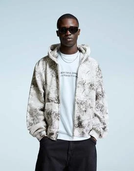 Bershka Cropped print sweatshirt with zip in washed grey