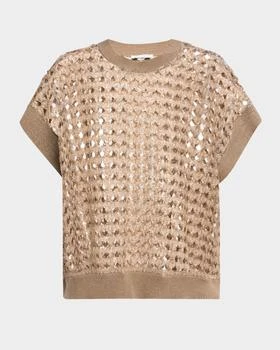 Brunello Cucinelli | Short-Sleeve Paillette Cotton-Jute Open Knit Sweater