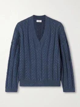 Brunello Cucinelli | Sequin-embellished Cable-knit Cotton-blend Sweater - Navy