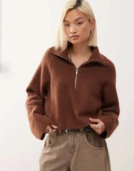 Monki half zip jumper in chocolate brown