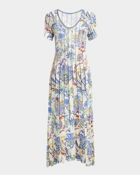 Blue Bouquet Pleated Knit Midi Sweater Dress