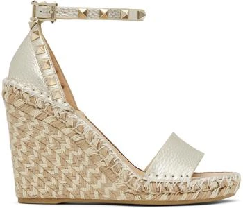 Valentino | Silver Double Rockstud Grainy Calfskin Wedge Sandals