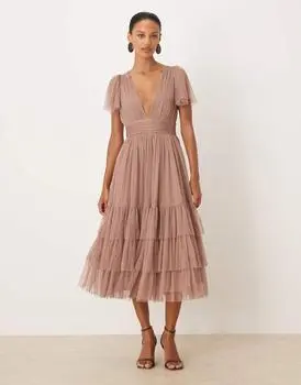 Lace & Beads tulle flutter sleeve plunge neck tiered midi dress in taupe