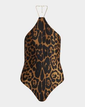 Tom Ford | Leopard-Print Chain Halter One-Piece Swimsuit