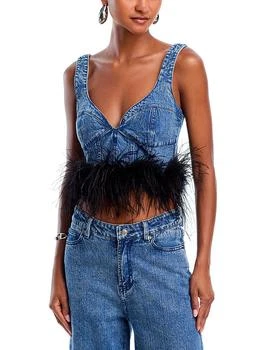 Feather Trim Denim Crop Top - Exclusive