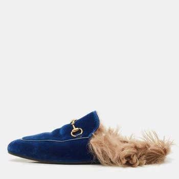 Gucci | Gucci Blue Velvet and Fur Lined Princetown Flat Mules Size 38