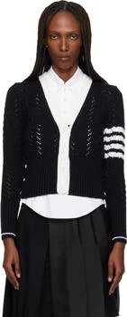 Thom Browne | Black Cable Pointelle Stitch Merino Wool 4-Bar Cardigan