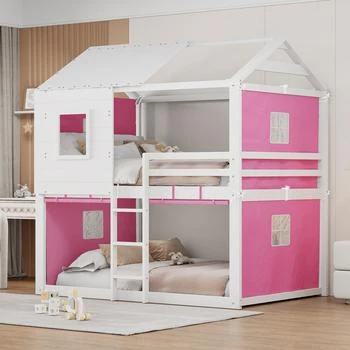 Streamdale Furniture Streamdale Full Size Bunk Wood House Bed with Tent, Pink+White