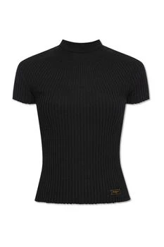 Balmain | Balmain Logo Plaque Short-Sleeved Ribbed Knit Top