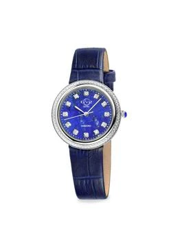 Gevril | Arezzo 33MM Stainless Steel, Lapis, 0.144 TCW Diamond & Leather Strap Watch