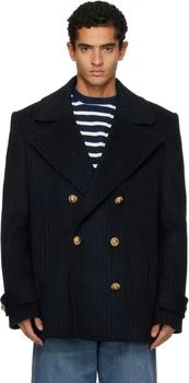 Balmain | Navy Short Striped Wool Pea Coat