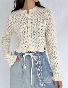 Peach Love - Eyelet Knit Ruffle Hem Cardigan