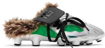 Balmain | Silver 
Green Half Time Faux Fur-Lined Mule Slip-on Loafers