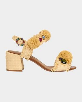 Dolce & Gabbana | Raffia Pom Pom Gem Block-Heel Sandals