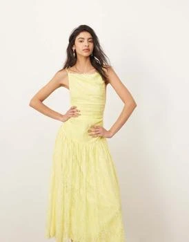 ARRANGE lace ruched dropped waist midi dress in lemon