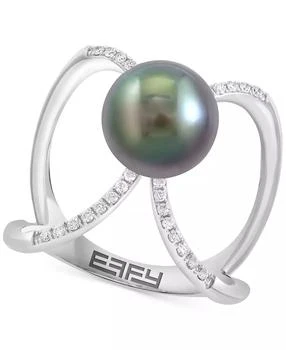 Effy | EFFY® Cultured Tahitian Pearl (9mm) & Diamond (1/10 ct. t.w.) Openwork Statement Ring in 14k White Gold