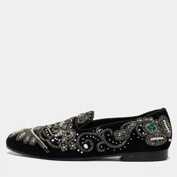 Dolce & Gabbana | Dolce & Gabbana Black Velvet Embroidered and Embellished Smoking Slippers Size 42
