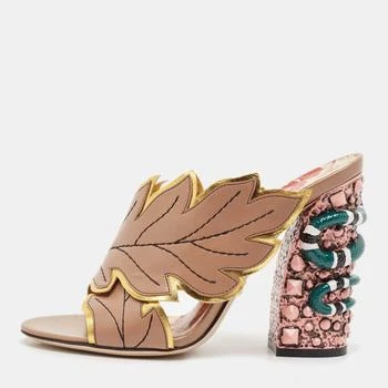 Gucci | Gucci Beige Leather Leaves Crossover Embellished Heel Peep Toe Mules Size 37.5