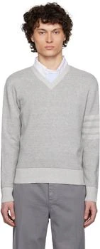 Thom Browne | Gray Textured Striped Stitch Linen Cotton V Neck Sweater