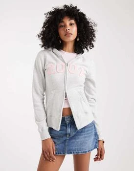 Hollister double zip graphic hooded jumper in grey