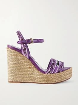 Dolce & Gabbana | Leather-trimmed Embroidered Canvas Platform Wedge Sandals  - IT35