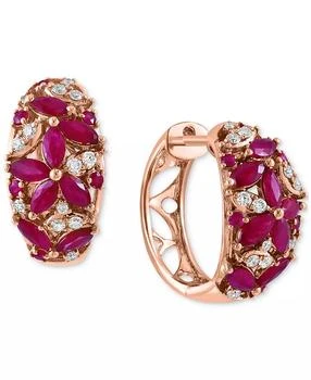 Effy | EFFY® Ruby (1-5/8 ct. t.w.) & Diamond (1/4 ct. t.w.) Flower Cluster Small Huggie Hoop Earrings in 14k Rose Gold, 0.625"