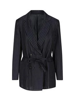 Brunello Cucinelli | Brunello Cucinelli Pinstripe-Pattern Double Breasted Belted Blazer
