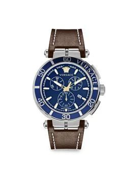 Versace | Stainless Steel 
Blue Guilloché Dial Leather Strap Watch/45MM