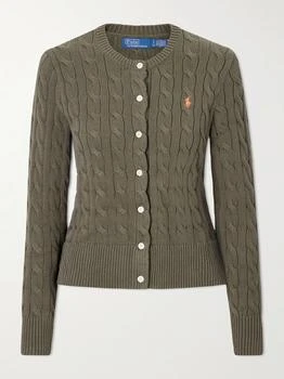 Ralph Lauren Embroidered Cable-knit Cotton Cardigan - Army green